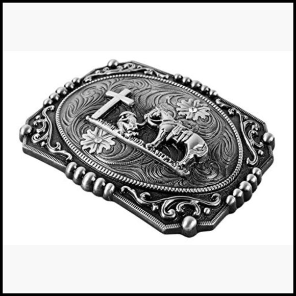 Zinc Alloy Western Belt Buckle with Cross Cowboy and Horse Design main image 5